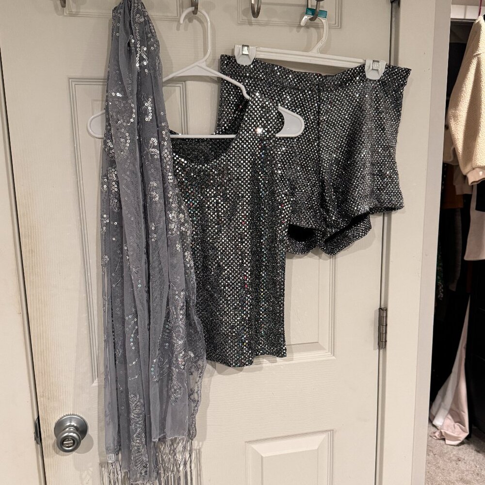 Silver Party Outfit Set — Faux Sequin Top, Booty Shorts, and Silver Sequin Shawl